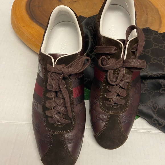 Gucci Brown Leather Monogram Embossed sneakers Sz:6 - Picture 3 of 10